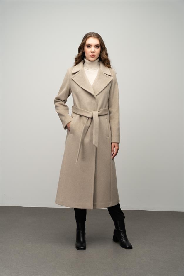 Snap-Front Waist-Tied Exclusive Coat STONE 3057