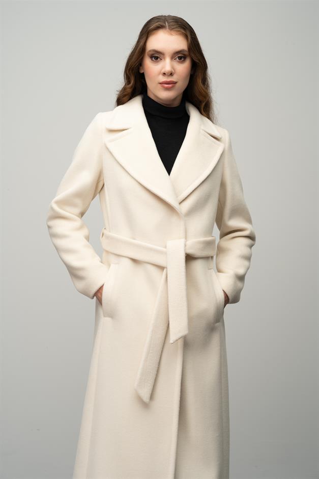 Snap-Front Waist-Tied Exclusive Coat IVORY 3057