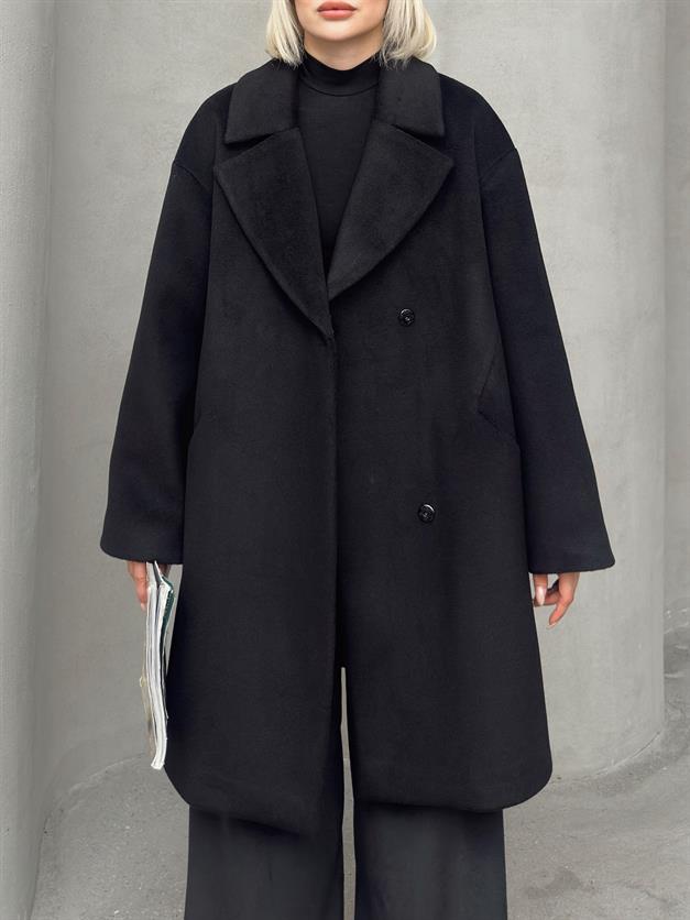 Casual Plus Size Coat with Snap Closure BLACK 3080