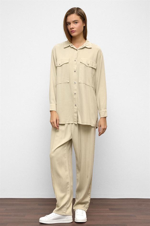 Snap-Front Casual Soft Denim Two-Piece Suit STONE 9378-TK