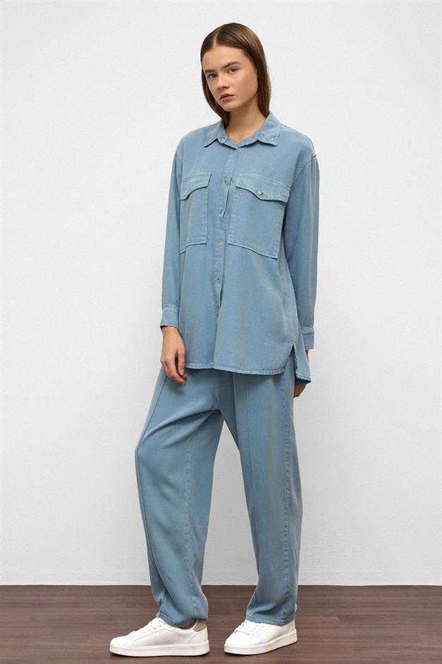 Snap-Front Casual Soft Denim Two-Piece Suit BLUE 9378-TK
