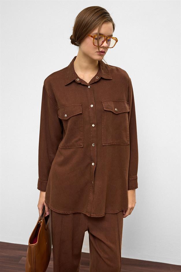 Snap-Front Casual Soft Denim Two-Piece Suit COFFEE 9378-TK