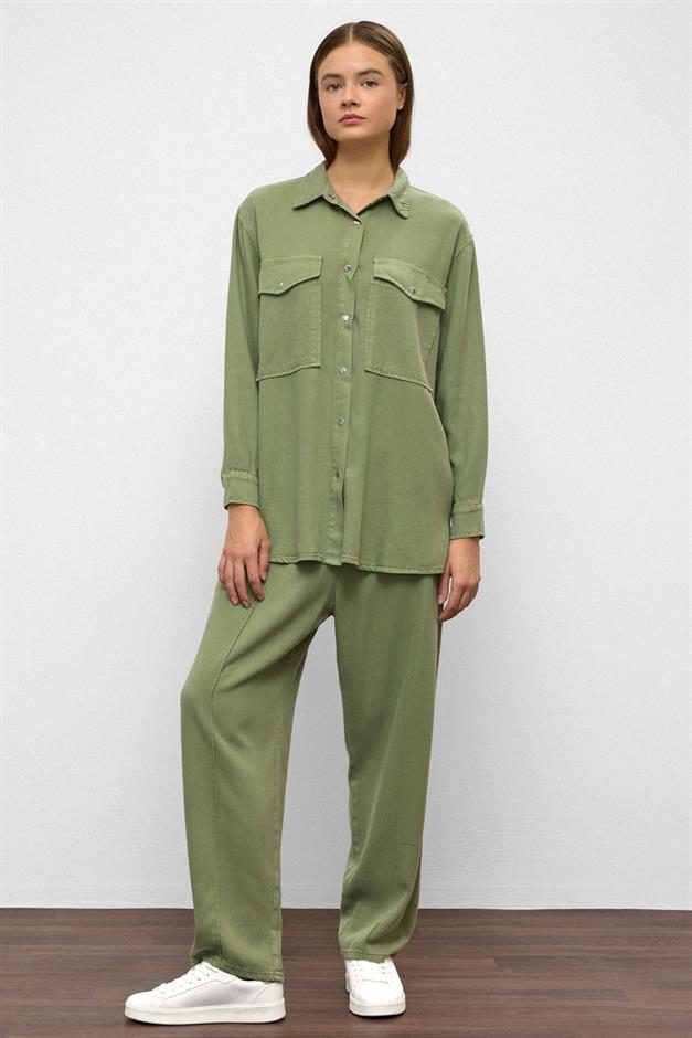 Snap-Front Casual Soft Denim Two-Piece Suit GREEN 9378-TK
