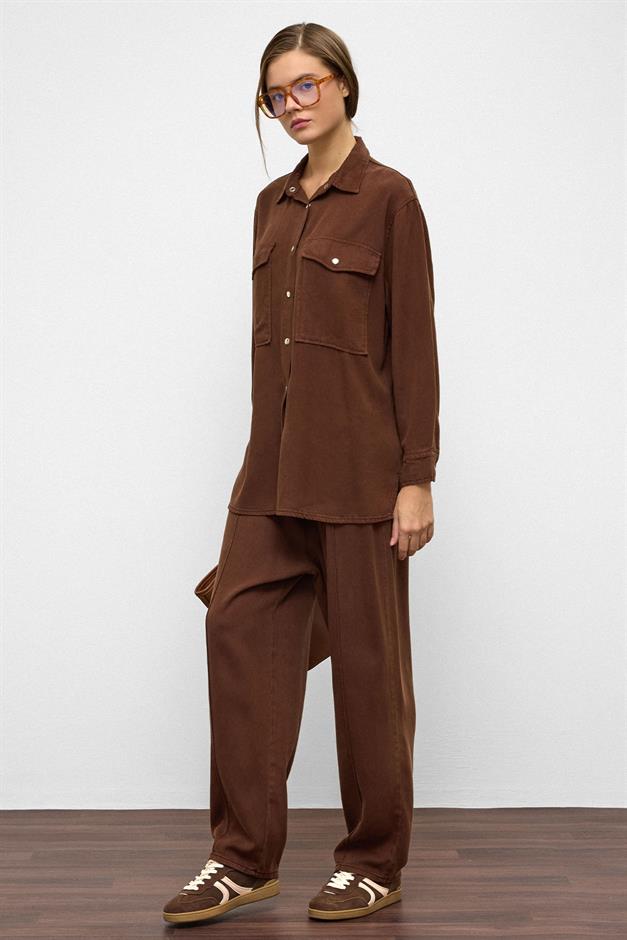 Snap-Front Casual Soft Denim Two-Piece Suit COFFEE 9378-TK