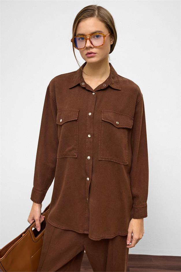 Snap-Front Casual Soft Denim Two-Piece Suit COFFEE 9378-TK