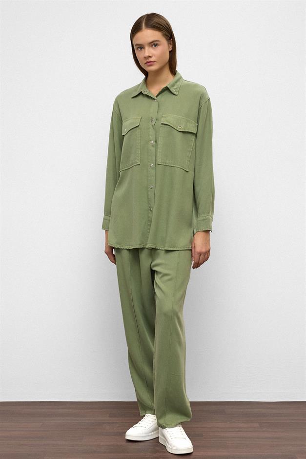 Snap-Front Casual Soft Denim Two-Piece Suit GREEN 9378-TK