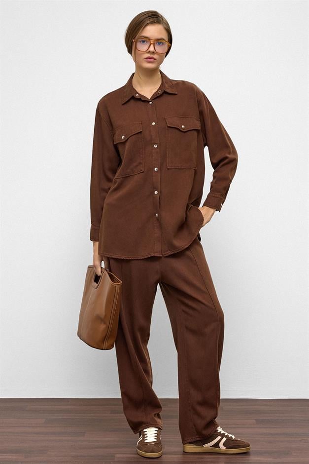 Snap-Front Casual Soft Denim Two-Piece Suit COFFEE 9378-TK