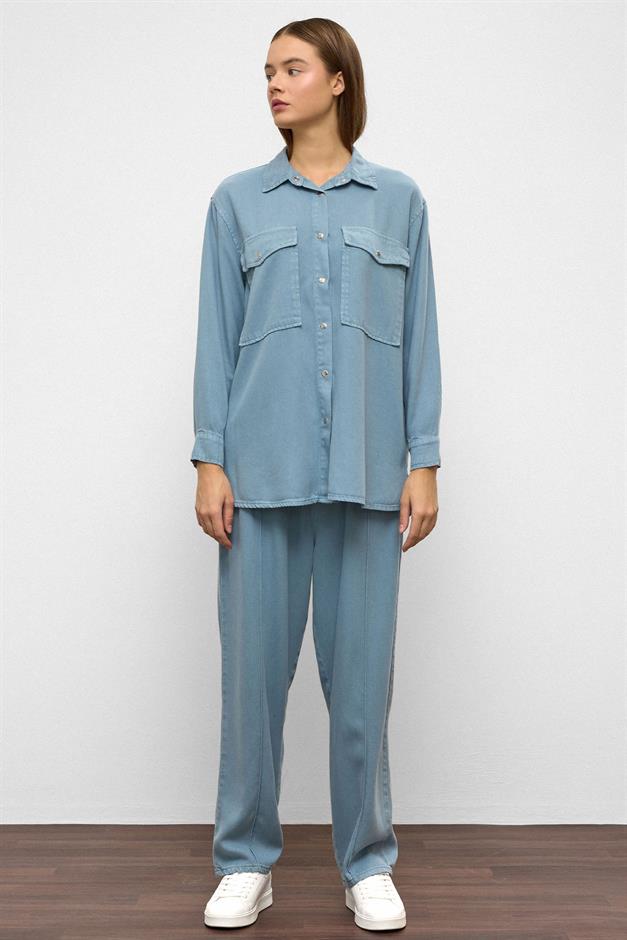 Snap-Front Casual Soft Denim Two-Piece Suit BLUE 9378-TK