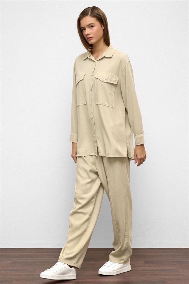 Snap-Front Casual Soft Denim Two-Piece Suit STONE 9378-TK