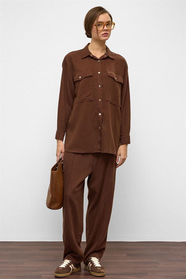 Snap-Front Casual Soft Denim Two-Piece Suit COFFEE 9378-TK