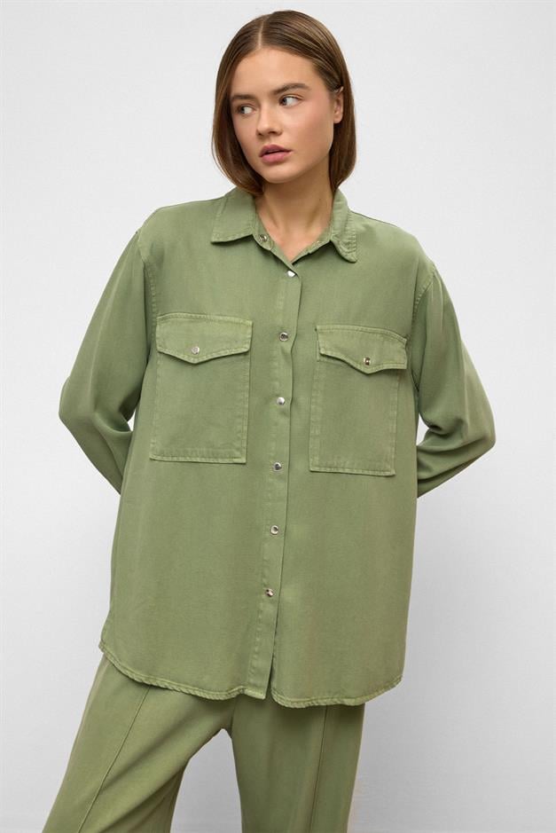 Snap-Front Casual Soft Denim Two-Piece Suit GREEN 9378-TK