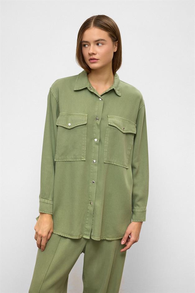 Snap-Front Casual Soft Denim Two-Piece Suit GREEN 9378-TK