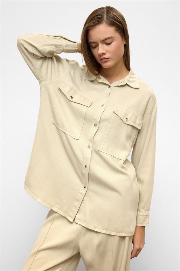 Snap-Front Casual Soft Denim Two-Piece Suit STONE 9378-TK