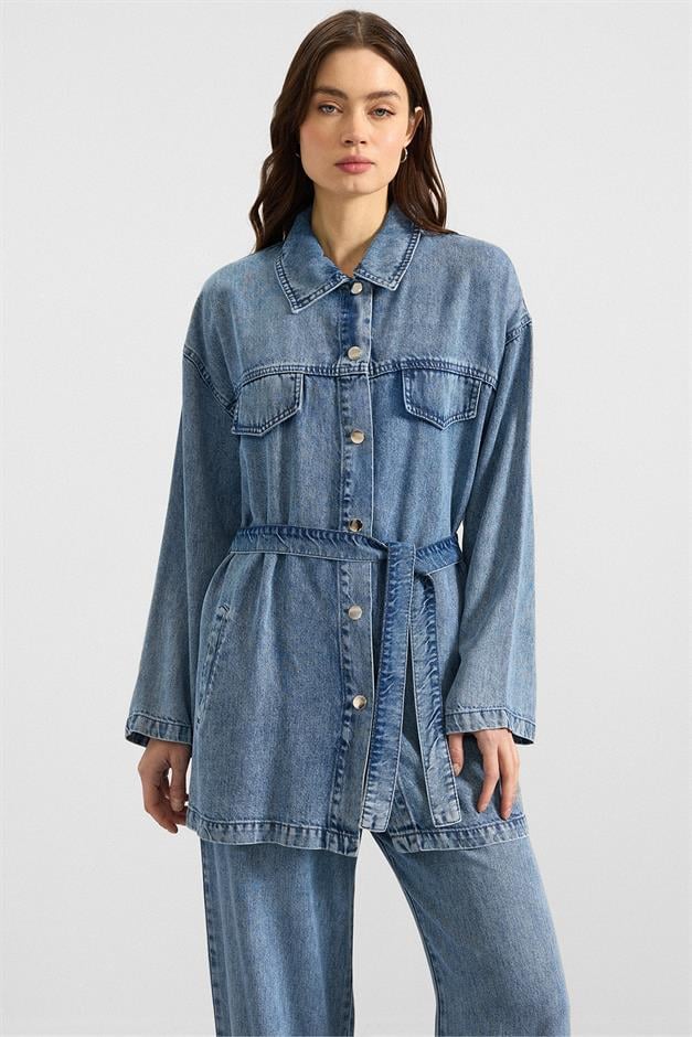 Çıt Çıt Kapamalı Soft Denim Ceket Pantolon İkili Takım MAVİ 9398-TK