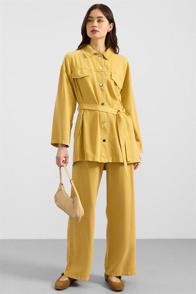 Çıt Çıt Kapamalı Soft Denim Ceket Pantolon İkili Takım SARI 9398-TK