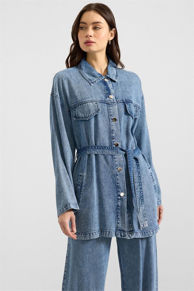 Çıt Çıt Kapamalı Soft Denim Ceket Pantolon İkili Takım MAVİ 9398-TK