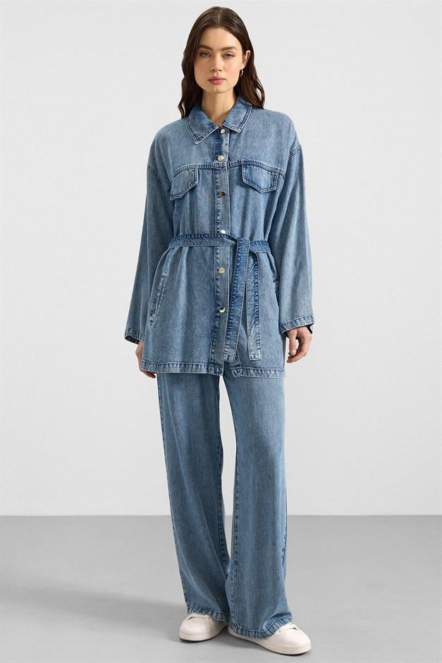 Çıt Çıt Kapamalı Soft Denim Ceket Pantolon İkili Takım MAVİ 9398-TK