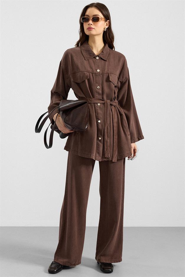 Çıt Çıt Kapamalı Soft Denim Ceket Pantolon İkili Takım KAHVE 9398-TK