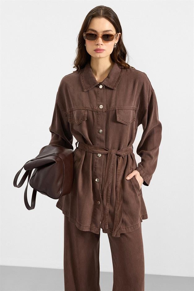 Çıt Çıt Kapamalı Soft Denim Ceket Pantolon İkili Takım KAHVE 9398-TK