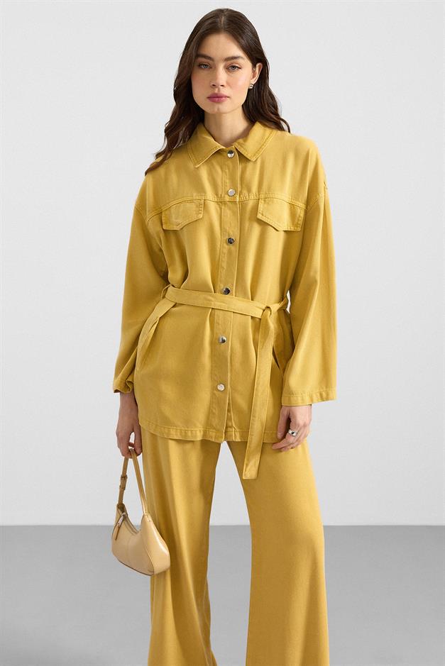 Çıt Çıt Kapamalı Soft Denim Ceket Pantolon İkili Takım SARI 9398-TK