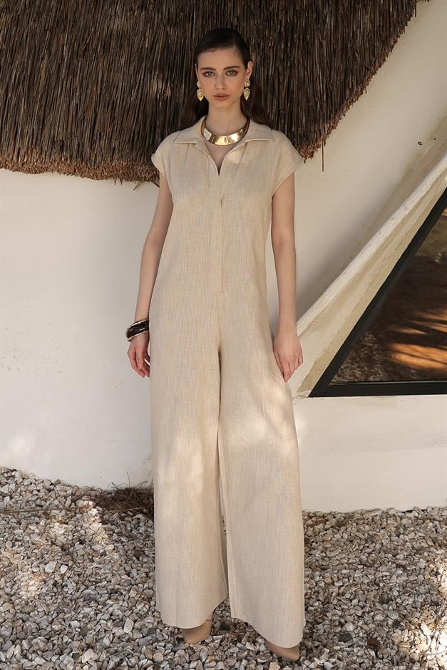 Snap-On Linen Blend Sleeveless Jumpsuit IVORY 9273