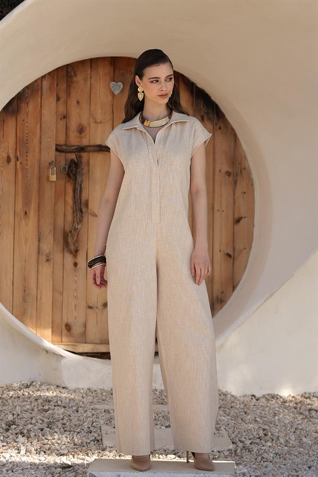 Snap-On Linen Blend Sleeveless Jumpsuit IVORY 9273