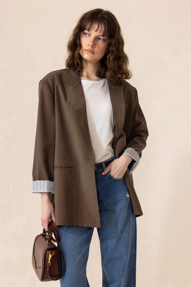 Striped Lined Modal Sports Jacket COFFEE 8258