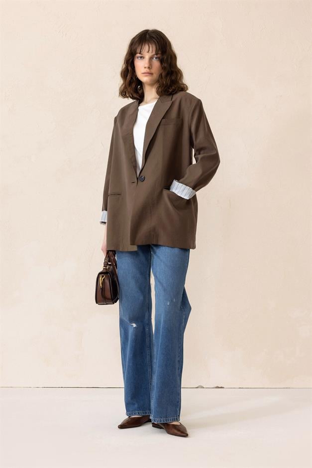 Striped Lined Modal Sports Jacket COFFEE 8258