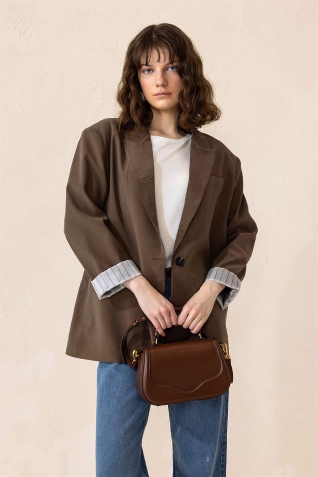 Striped Lined Modal Sports Jacket COFFEE 8258