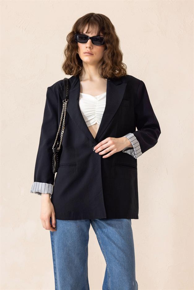 Striped Lined Modal Sports Jacket BLACK 8258