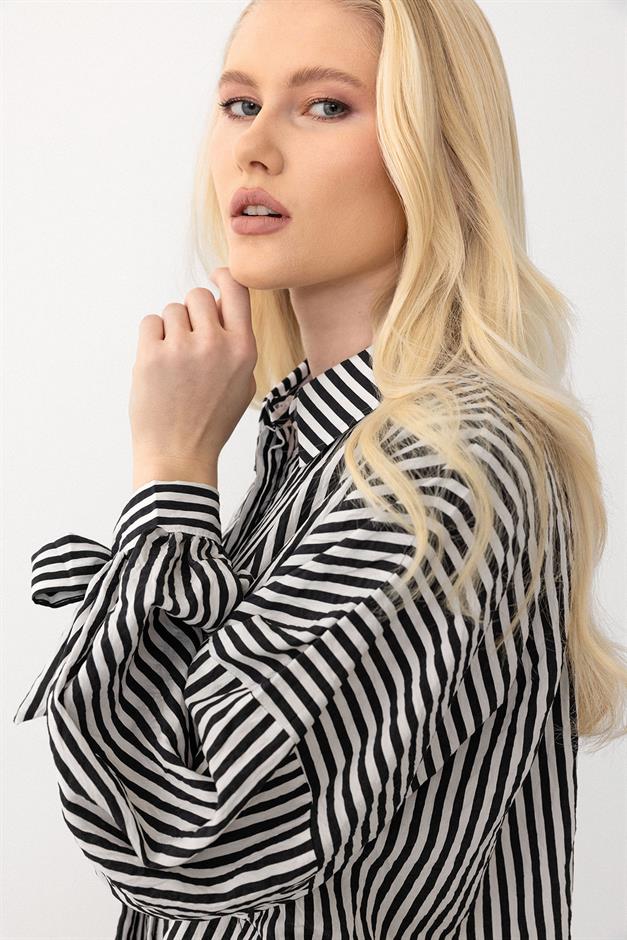 Striped Shirt and Elastic Waist Trousers Two-Piece Suit BLACK 7939-TK