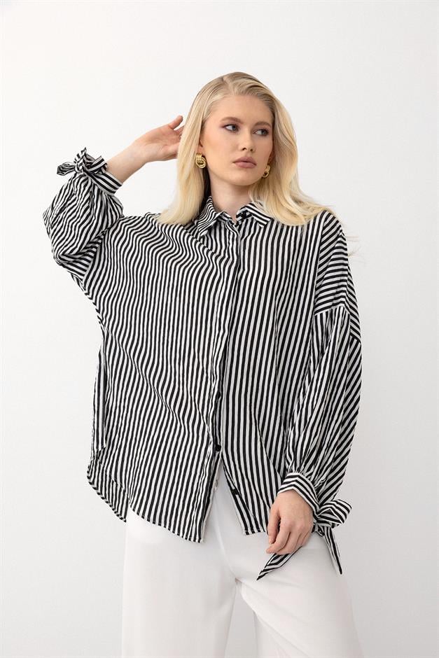 Striped Shirt and Elastic Waist Trousers Two-Piece Suit BLACK 7939-TK