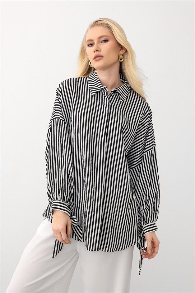 Striped Shirt and Elastic Waist Trousers Two-Piece Suit BLACK 7939-TK