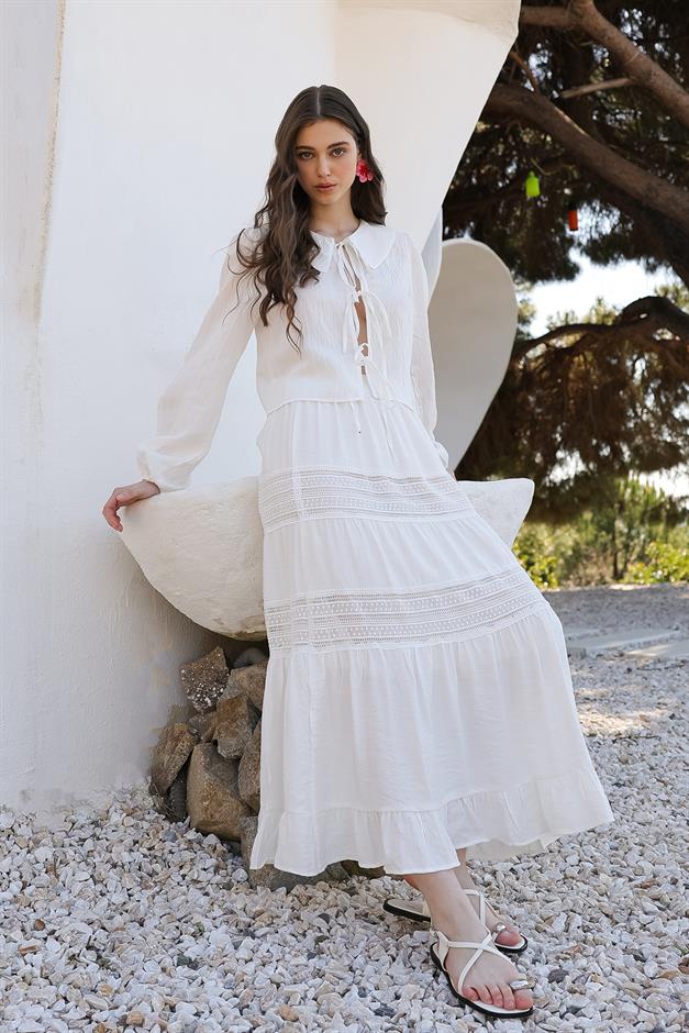 Elastic Waist Skirt with Lace Detail WHITE 7061