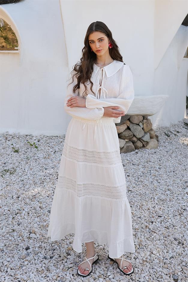 Elastic Waist Skirt with Lace Detail WHITE 7061