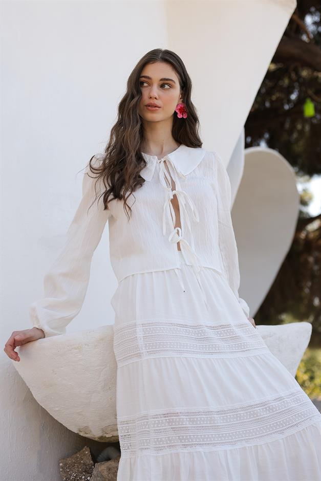 Elastic Waist Skirt with Lace Detail WHITE 7061