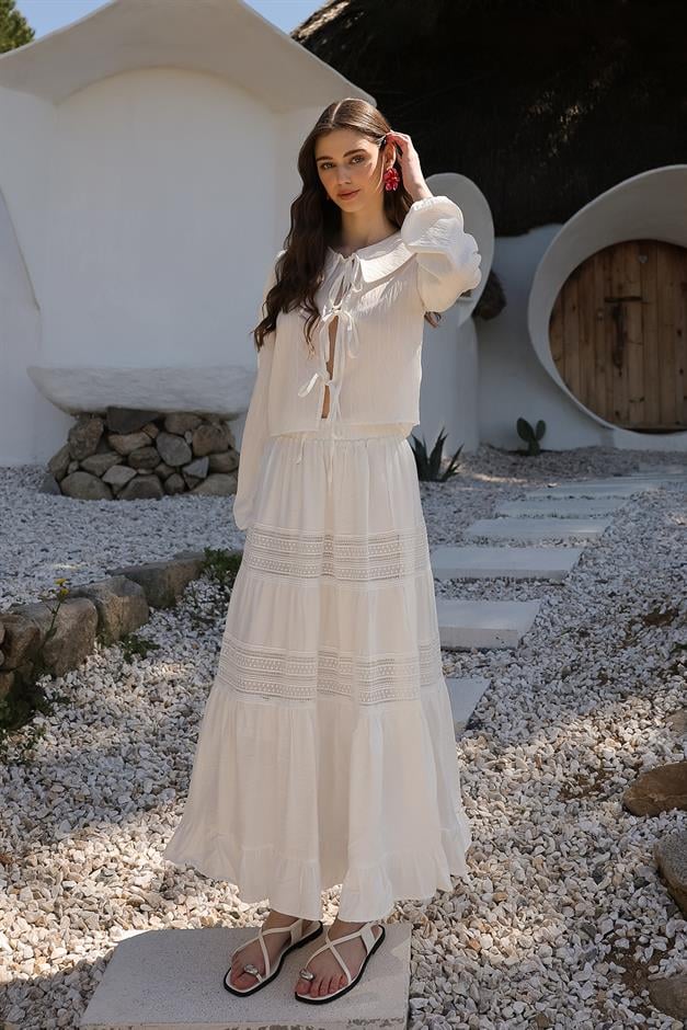 Elastic Waist Skirt with Lace Detail WHITE 7061