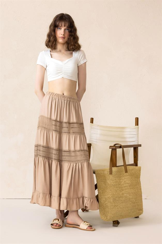 Elastic Waist Skirt with Lace Detail STONE 7061