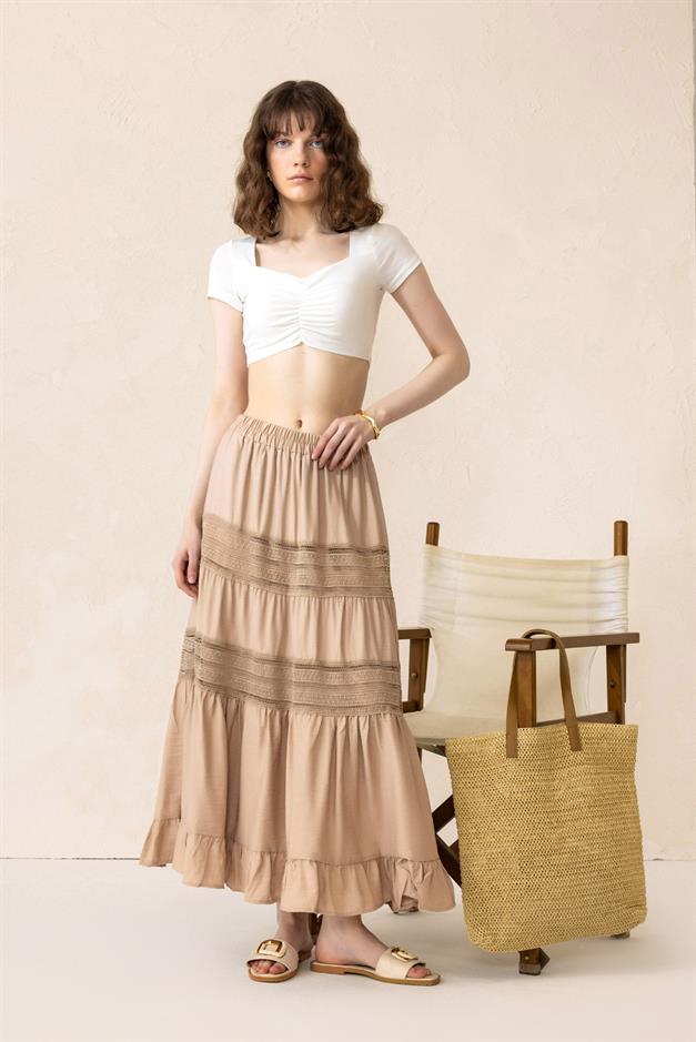 Elastic Waist Skirt with Lace Detail STONE 7061