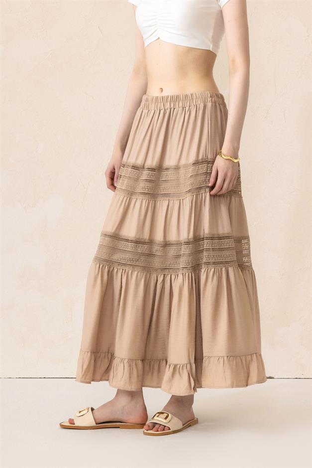 Elastic Waist Skirt with Lace Detail STONE 7061