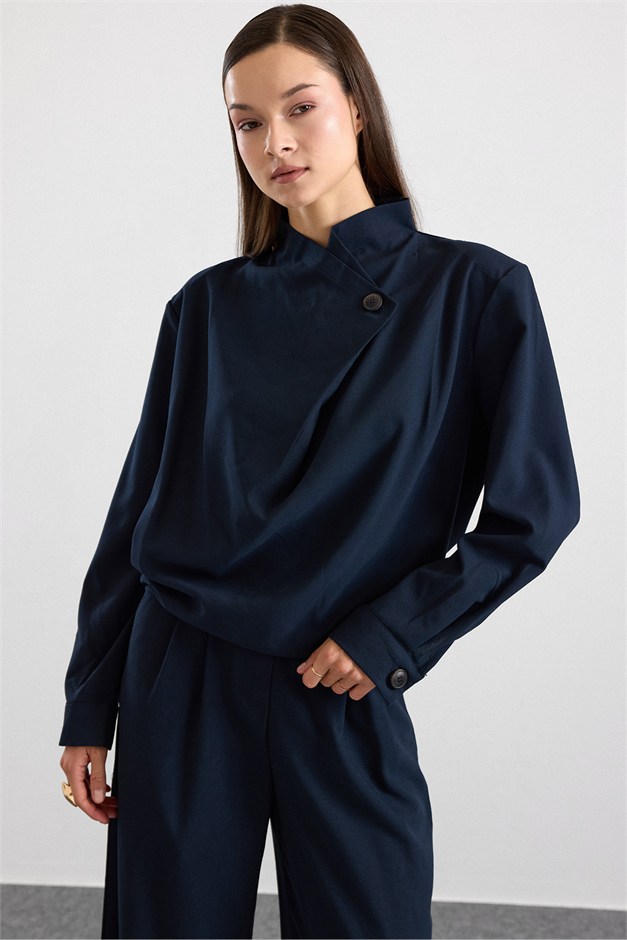 Degaje Yaka Bluz Pantolon İkli Takım LACİVERT 9481-TK