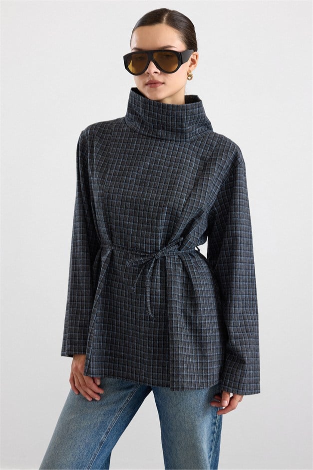Degaje Yaka Oversize Kareli Bluz ANTRASİT 9839