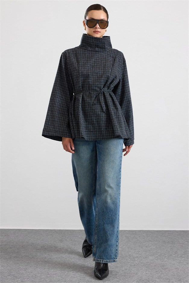 Degaje Yaka Oversize Kareli Bluz ANTRASİT 9839