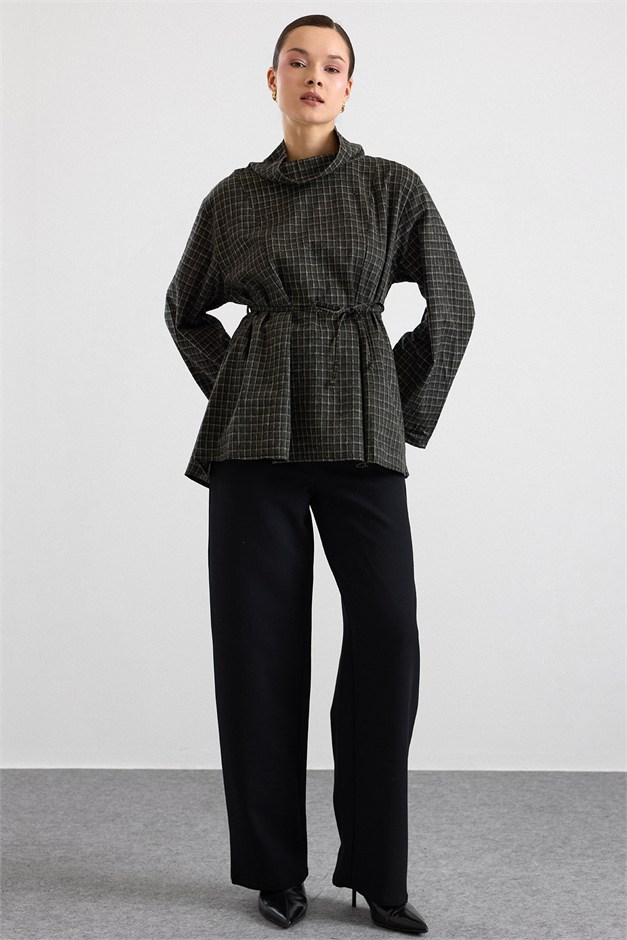 Degaje Yaka Oversize Kareli Bluz HAKİ 9839
