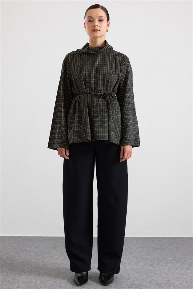 Degaje Yaka Oversize Kareli Bluz HAKİ 9839