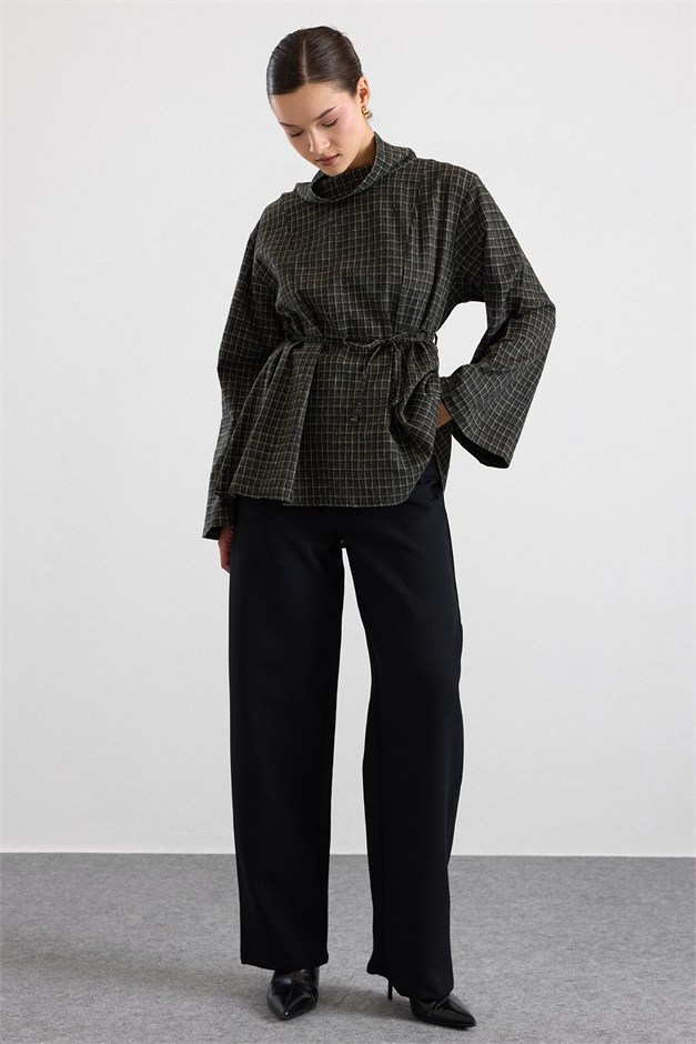 Degaje Yaka Oversize Kareli Bluz HAKİ 9839