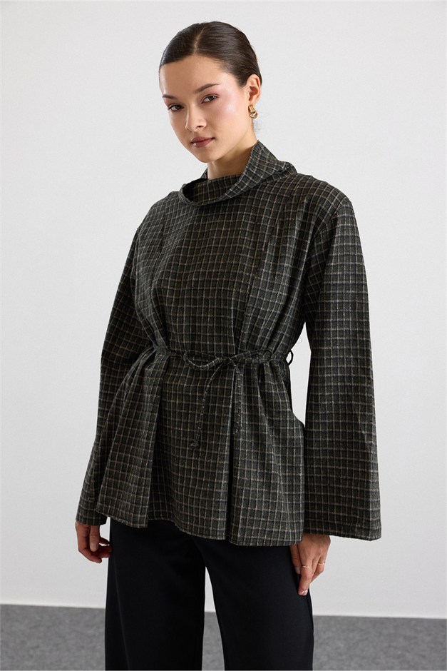 Degaje Yaka Oversize Kareli Bluz HAKİ 9839