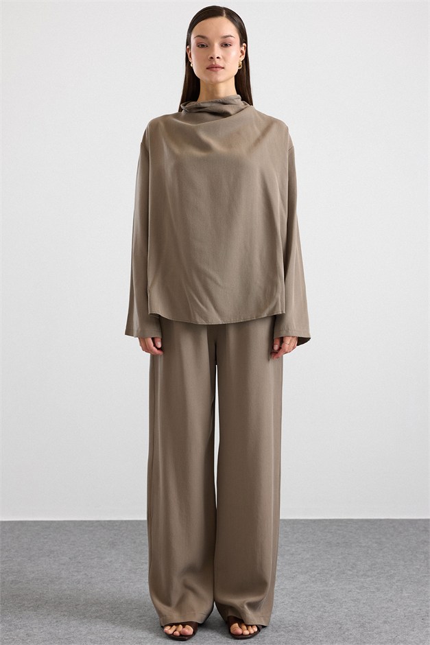 Degaje Yaka Oversize Pantolon Bluz İkili Takım HAKİ 9483-TK