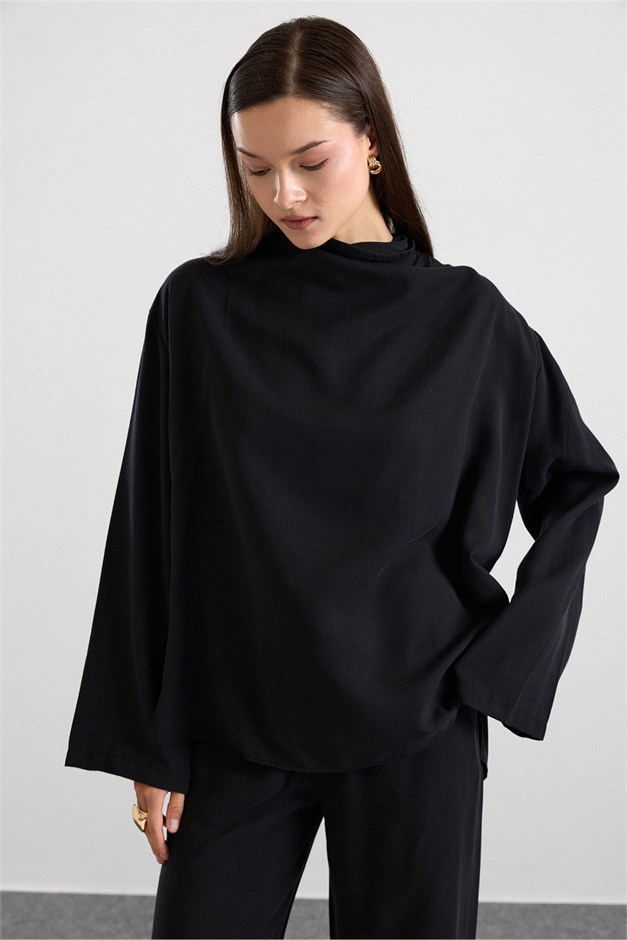 Degaje Yaka Oversize Pantolon Bluz İkili Takım SİYAH 9483-TK