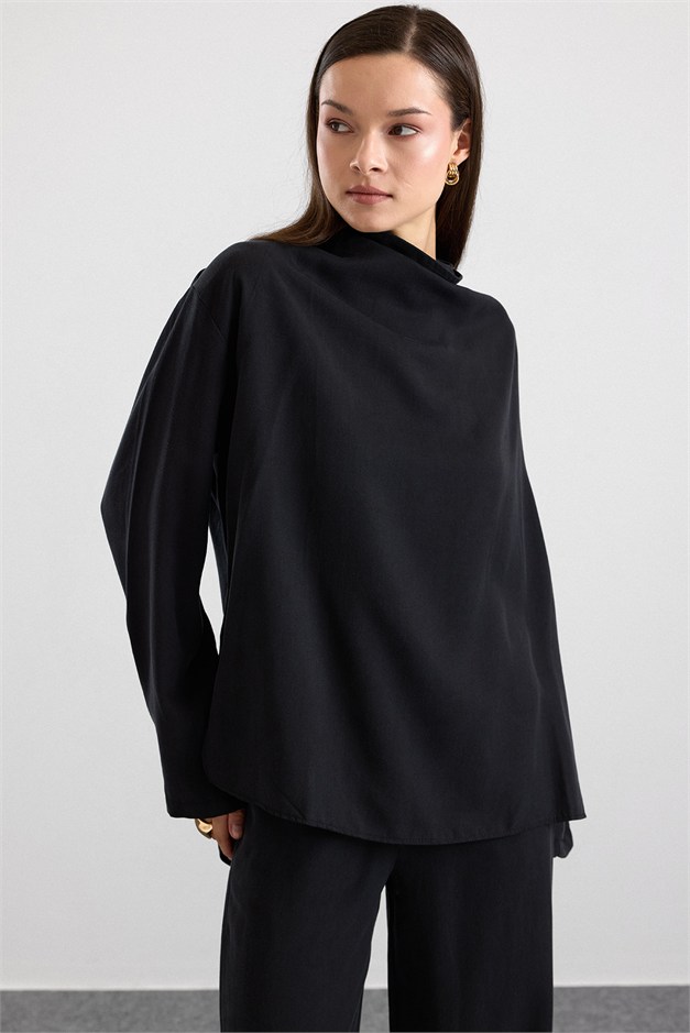 Degaje Yaka Oversize Pantolon Bluz İkili Takım SİYAH 9483-TK